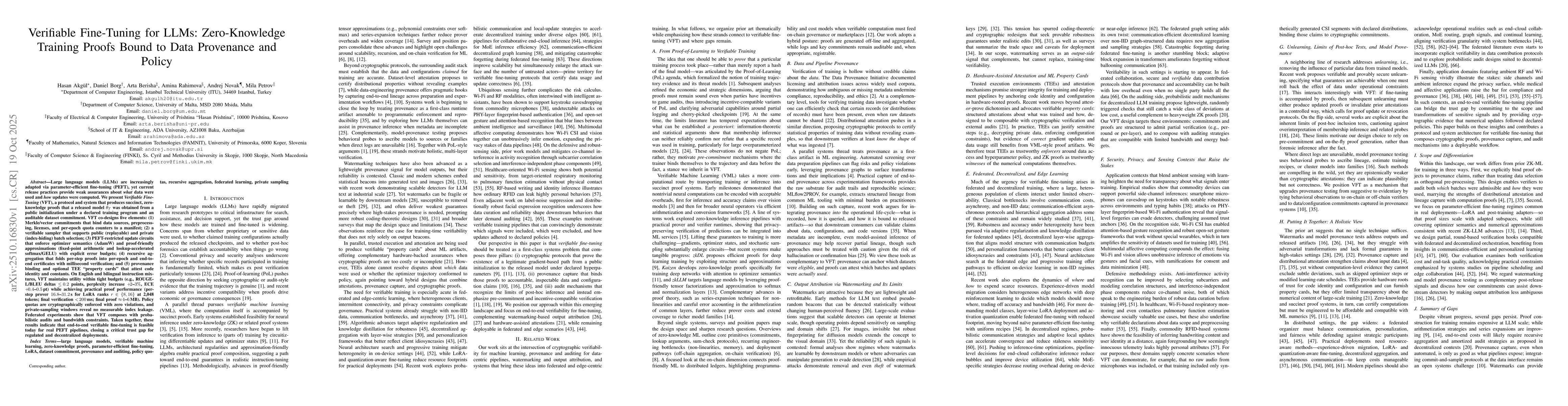 Thumbnail for Verifiable Fine-Tuning for LLMs: Zero-Knowledge Training Proofs Bound to
  Data Provenance and Policy