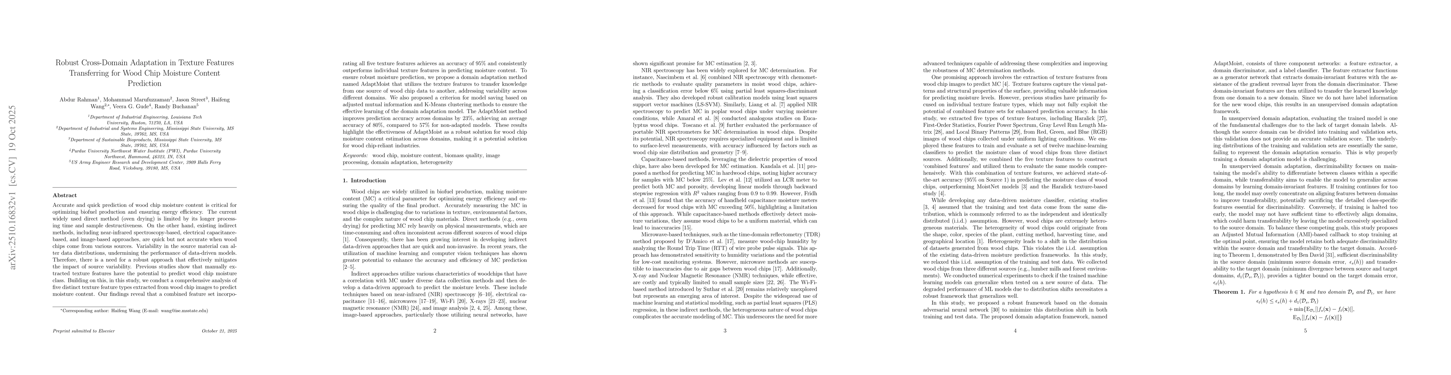 Thumbnail for Robust Cross-Domain Adaptation in Texture Features Transferring for Wood
  Chip Moisture Content Prediction