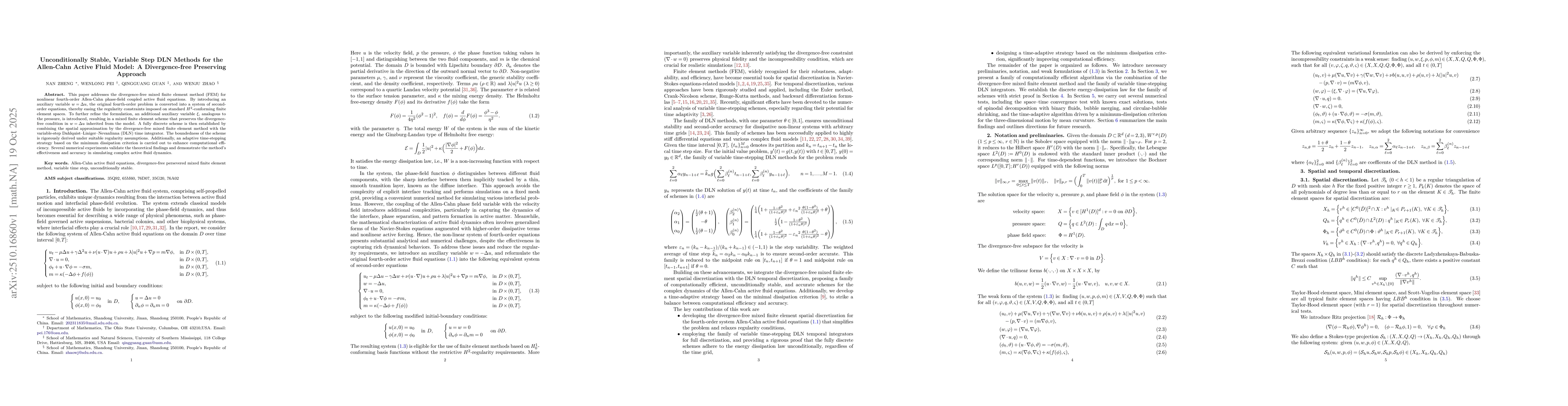 Thumbnail for Unconditionally Stable, Variable Step DLN Methods for the Allen-Cahn
  Active Fluid Model: A Divergence-free Preserving Approach
