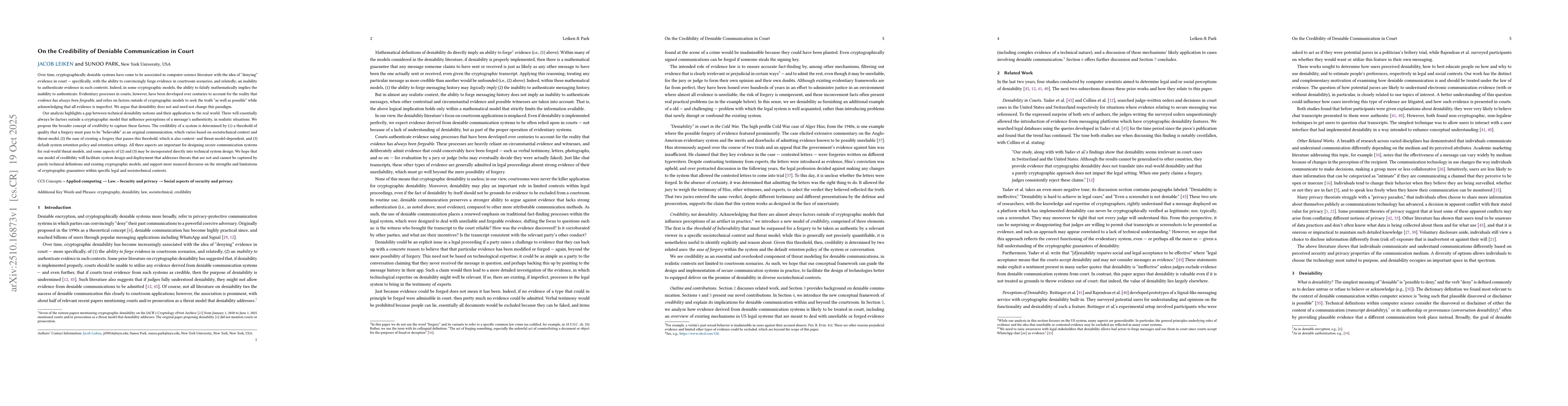 Thumbnail for On the Credibility of Deniable Communication in Court