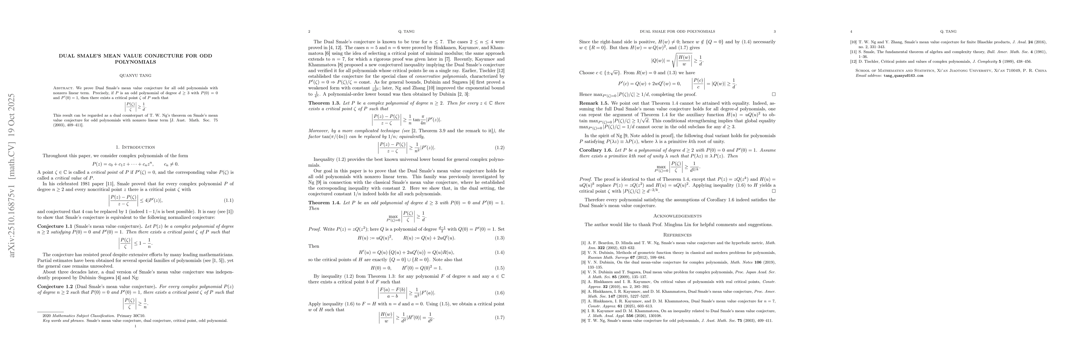 Thumbnail for Dual Smale's mean value conjecture for odd polynomials
