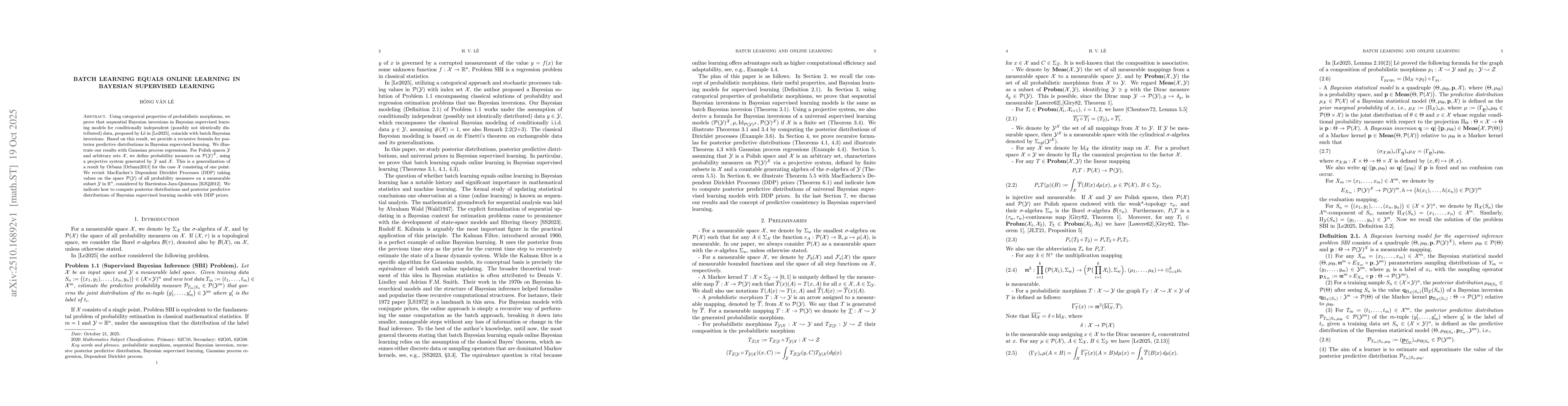 Thumbnail for Batch learning equals online learning in Bayesian supervised learning