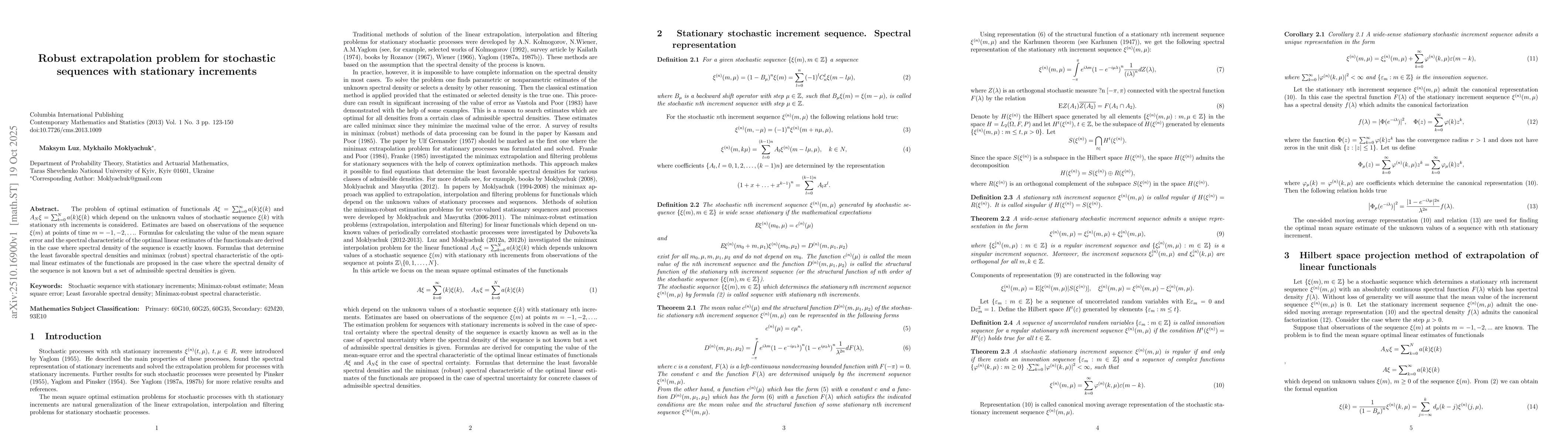 Thumbnail for Robust extrapolation problem for stochastic sequences with stationary
  increments