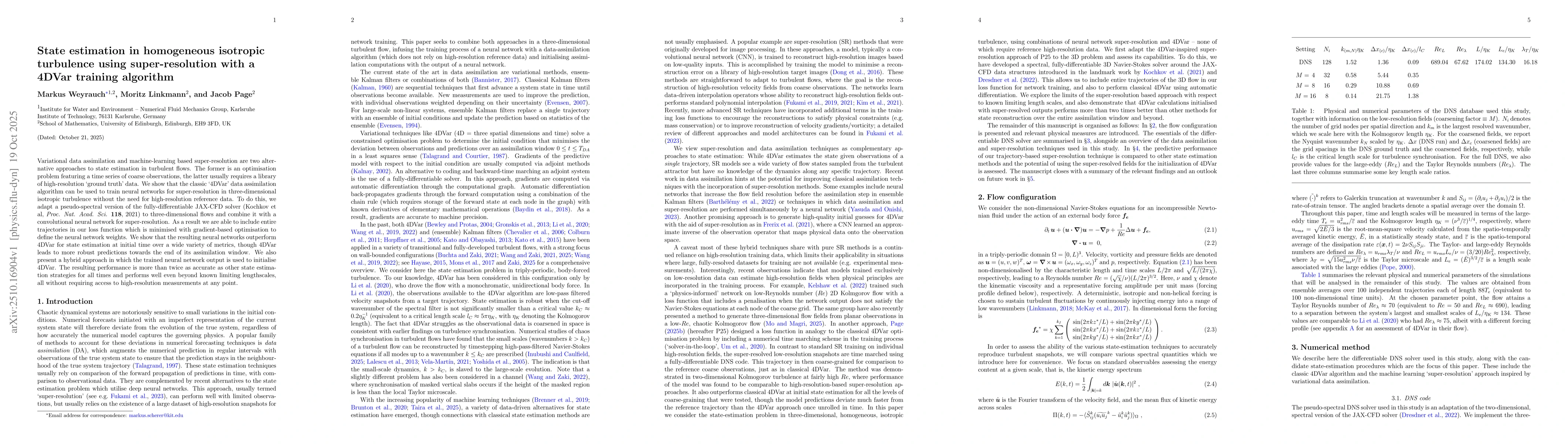 Thumbnail for State estimation in homogeneous isotropic turbulence using
  super-resolution with a 4DVar training algorithm