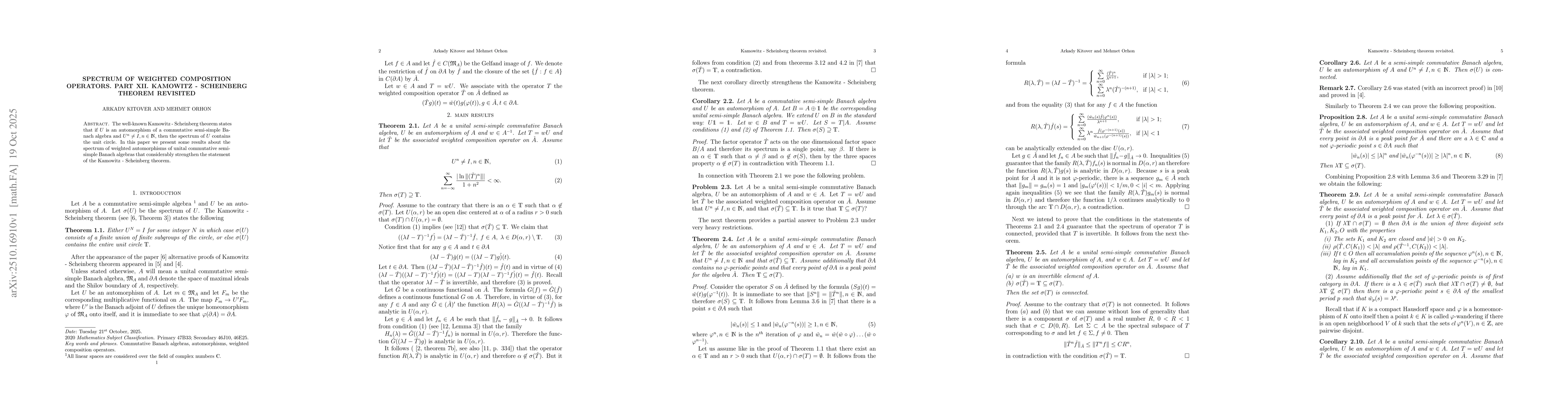Thumbnail for Spectrum of weighted composition operators. Part XII. Kamowitz -
  Scheinberg theorem revisited