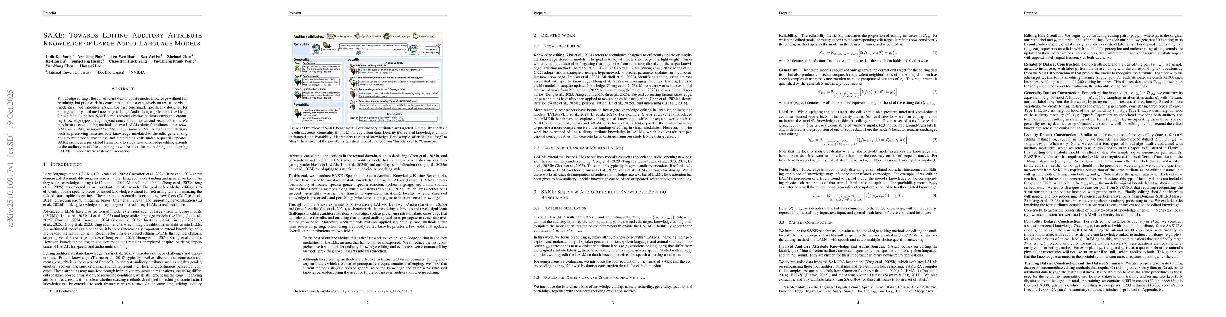 Thumbnail for SAKE: Towards Editing Auditory Attribute Knowledge of Large
  Audio-Language Models