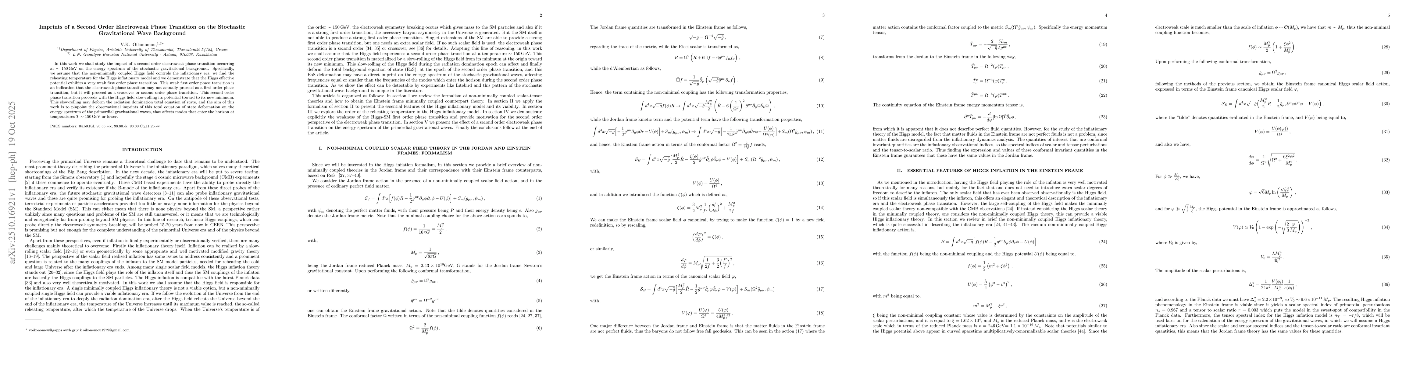 Thumbnail for Imprints of a Second Order Electroweak Phase Transition on the
  Stochastic Gravitational Wave Background
