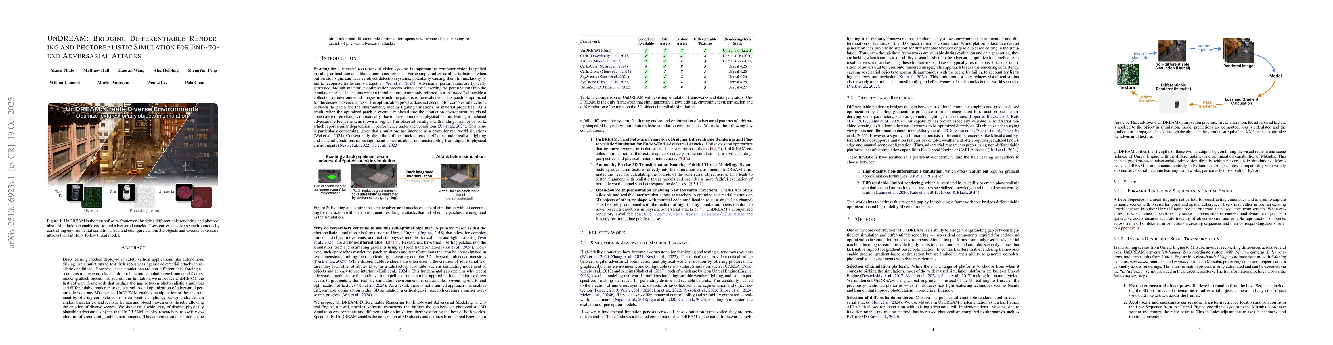 Thumbnail for UNDREAM: Bridging Differentiable Rendering and Photorealistic Simulation
  for End-to-end Adversarial Attacks