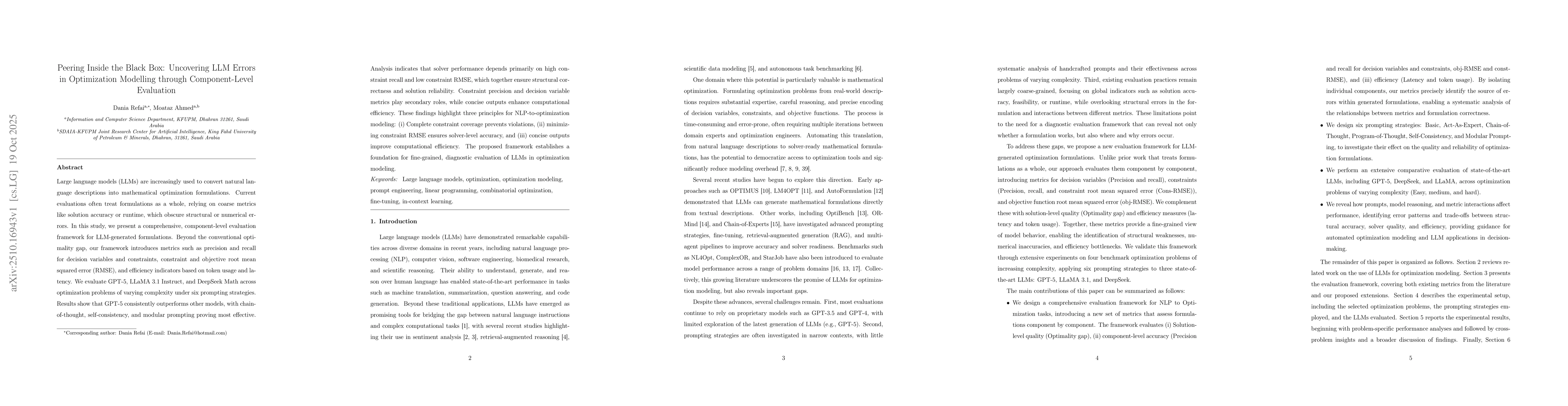 Thumbnail for Peering Inside the Black Box: Uncovering LLM Errors in Optimization
  Modelling through Component-Level Evaluation