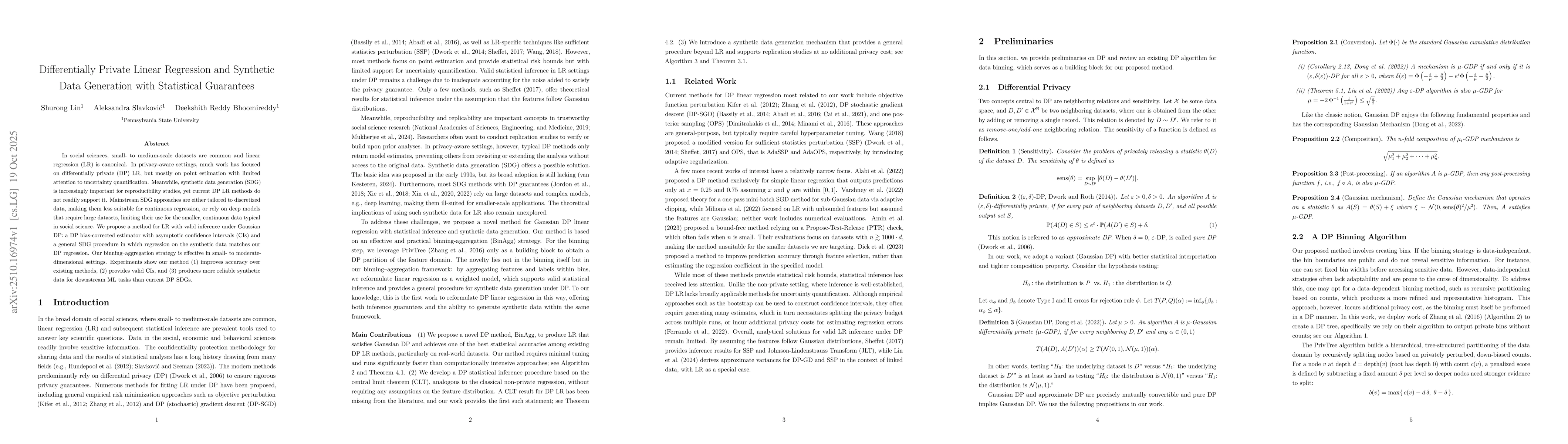 Thumbnail for Differentially Private Linear Regression and Synthetic Data Generation
  with Statistical Guarantees