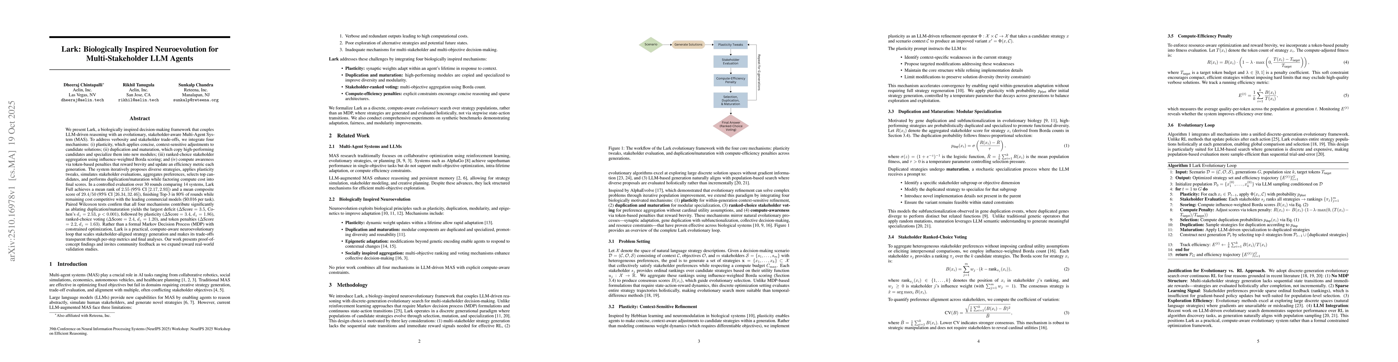Thumbnail for Lark: Biologically Inspired Neuroevolution for Multi-Stakeholder LLM
  Agents