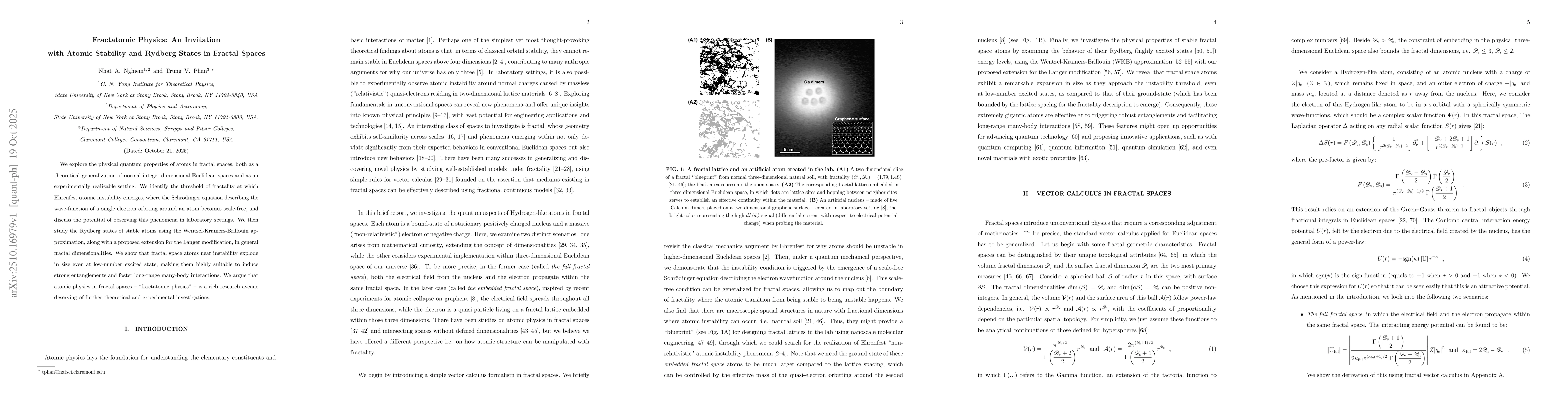 Thumbnail for Fractatomic Physics: An Invitation with Atomic Stability and Rydberg
  States in Fractal Spaces