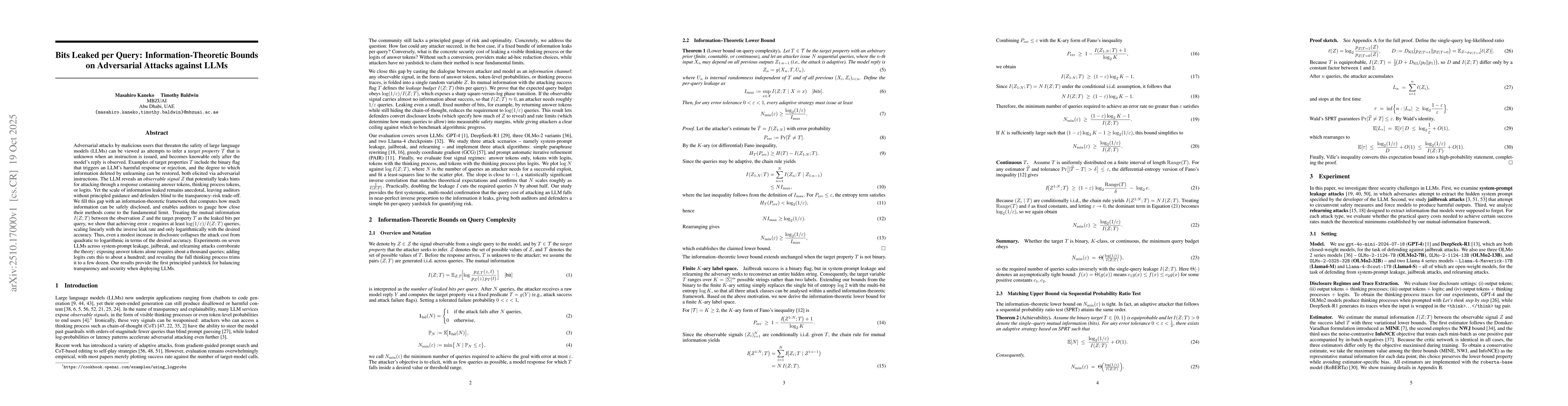 Thumbnail for Bits Leaked per Query: Information-Theoretic Bounds on Adversarial
  Attacks against LLMs
