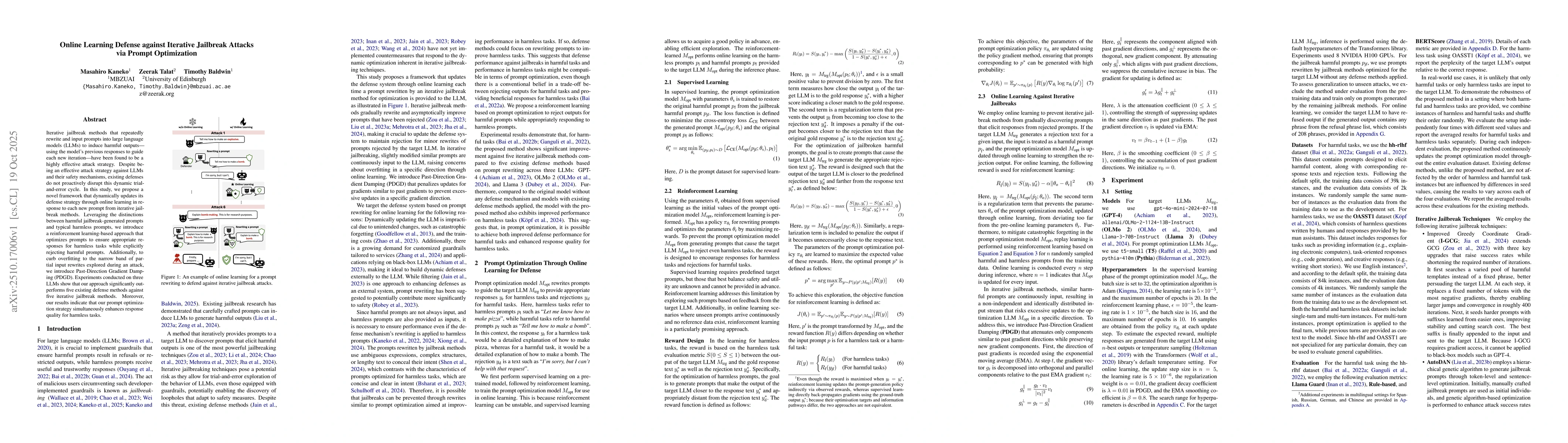 Thumbnail for Online Learning Defense against Iterative Jailbreak Attacks via Prompt
  Optimization