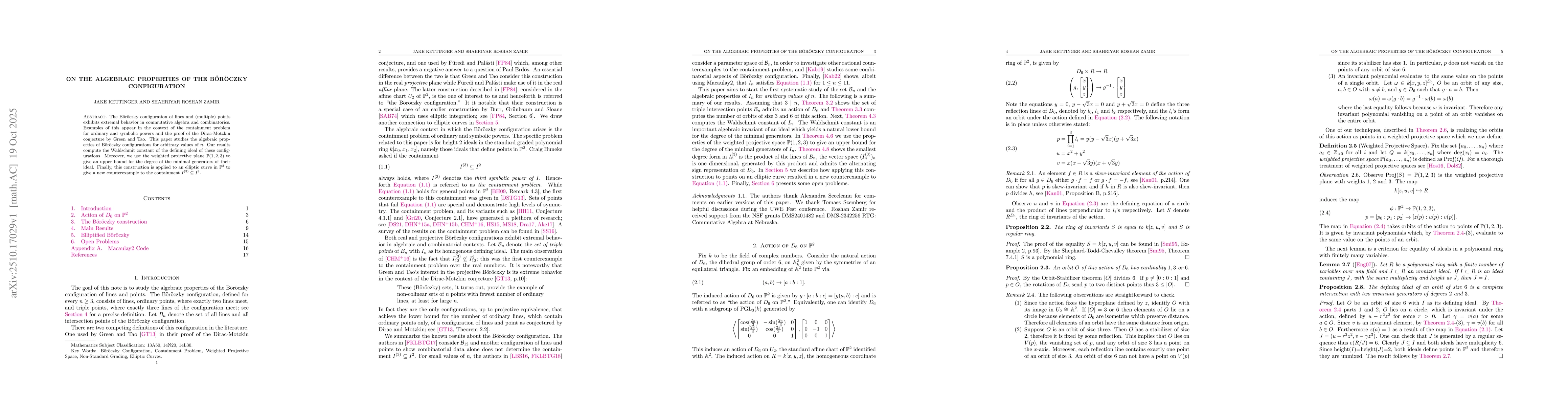 Thumbnail for On the algebraic properties of the BĂśrĂśczky configuration