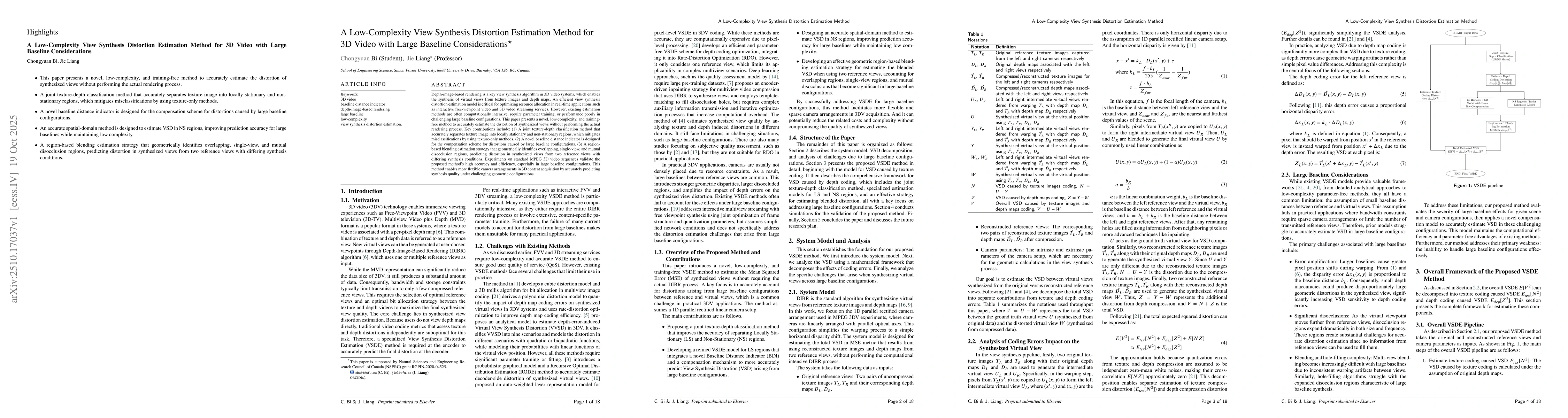 Thumbnail for A Low-Complexity View Synthesis Distortion Estimation Method for 3D
  Video with Large Baseline Considerations
