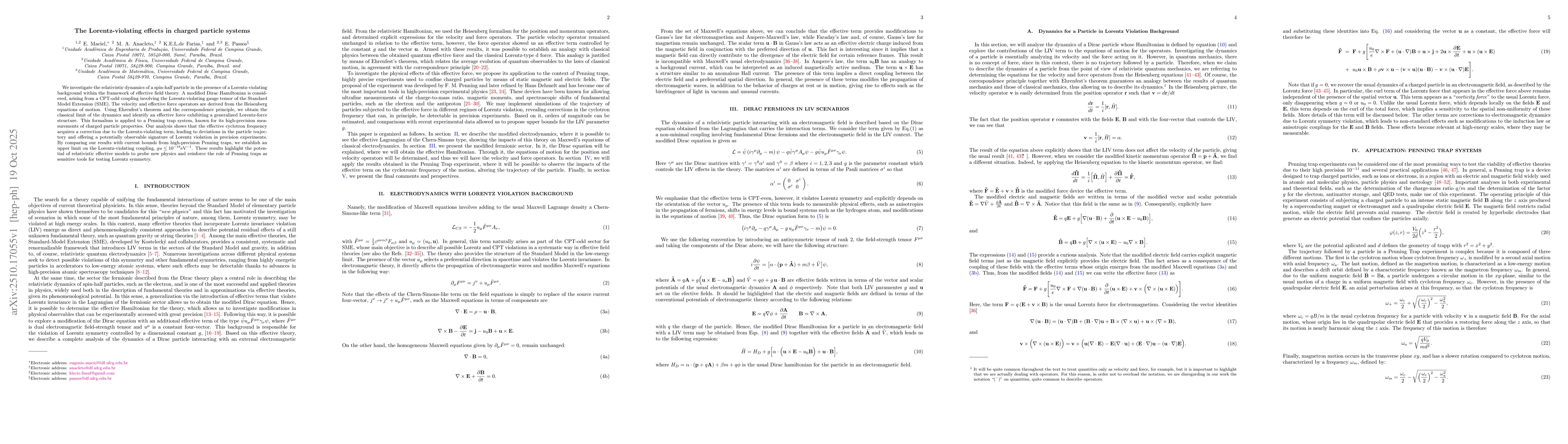 Thumbnail for The Lorentz-Violating effects in charged particle systems