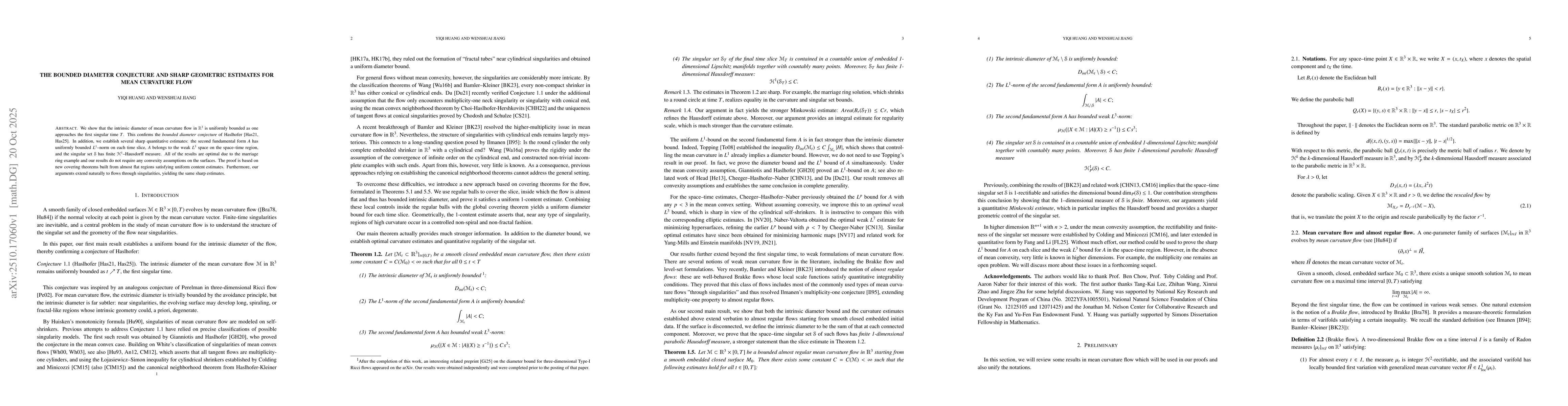 Thumbnail for The Bounded Diameter Conjecture and Sharp Geometric Estimates for Mean
  Curvature Flow
