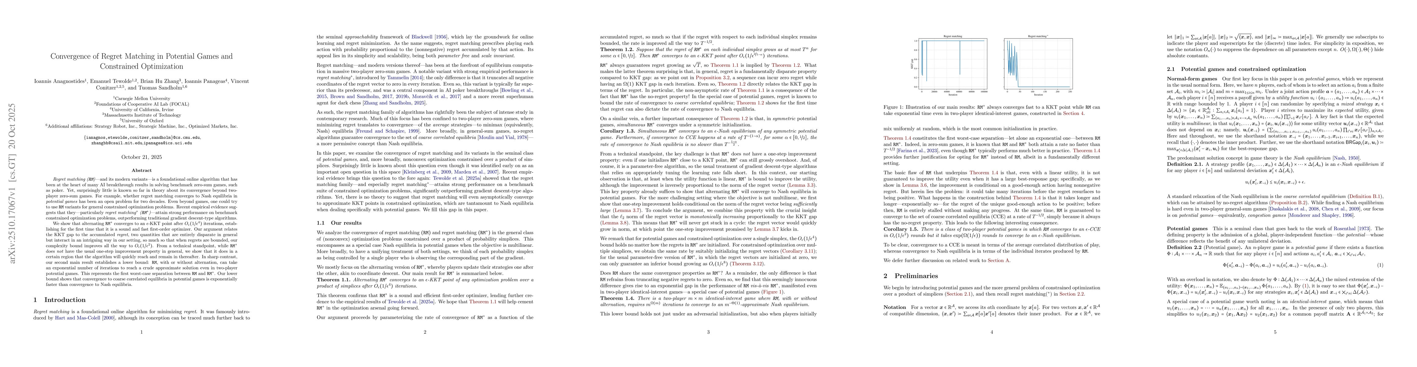 Thumbnail for Convergence of Regret Matching in Potential Games and Constrained
  Optimization