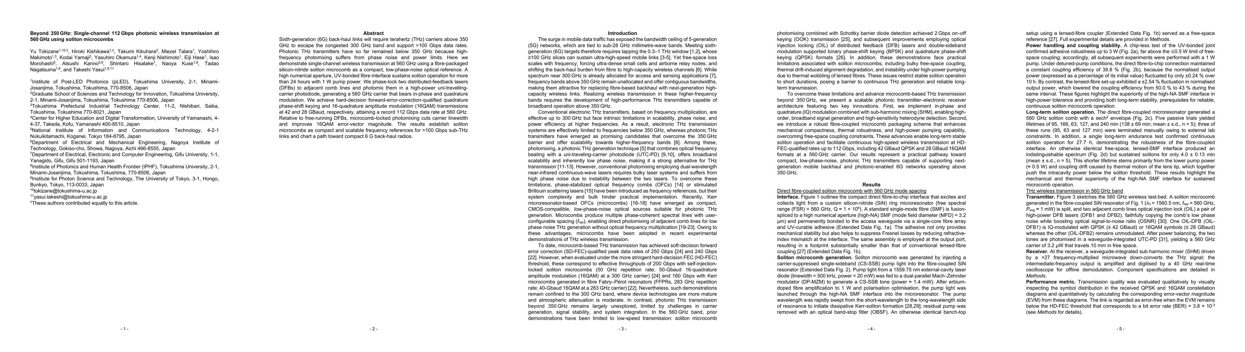 Thumbnail for Beyond 350 GHz: Single-channel 112 Gbps photonic wireless transmission
  at 560 GHz using soliton microcombs