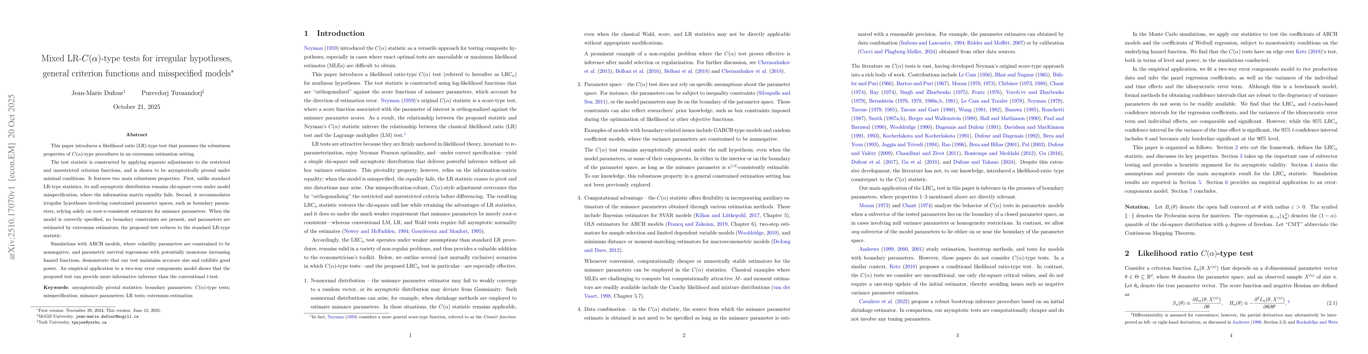 Thumbnail for Mixed LR-$C(α)$-type tests for irregular hypotheses, general
  criterion functions and misspecified models