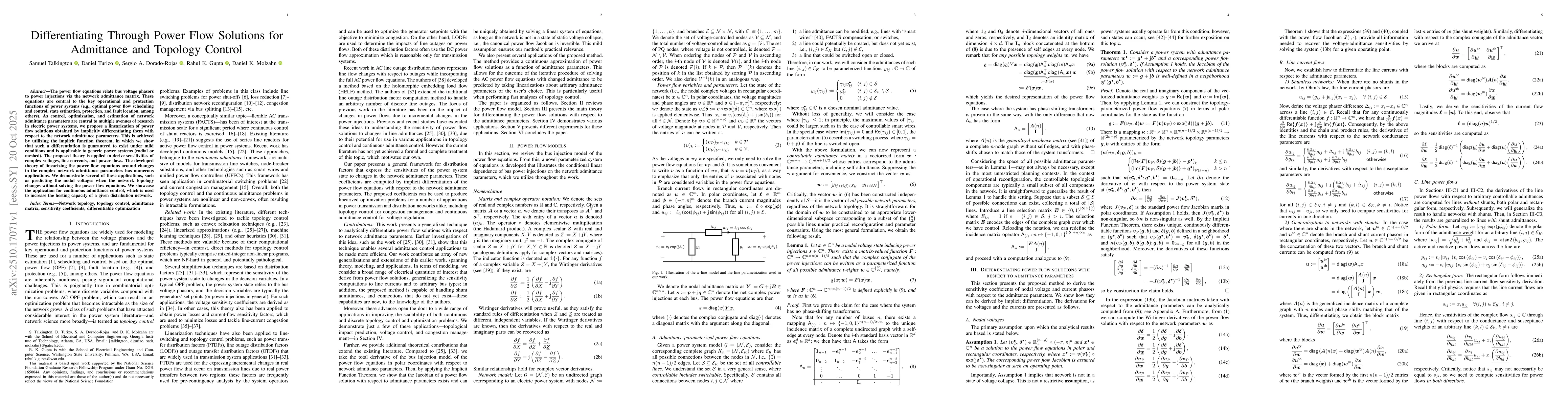 Thumbnail for Differentiating Through Power Flow Solutions for Admittance and Topology
  Control