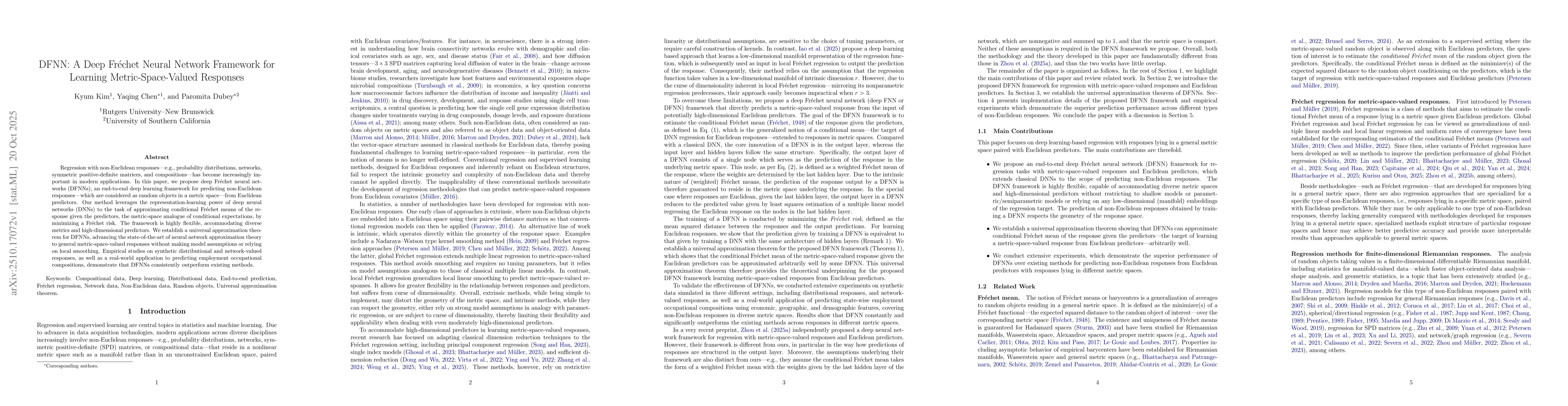 Thumbnail for DFNN: A Deep Fréchet Neural Network Framework for Learning
  Metric-Space-Valued Responses