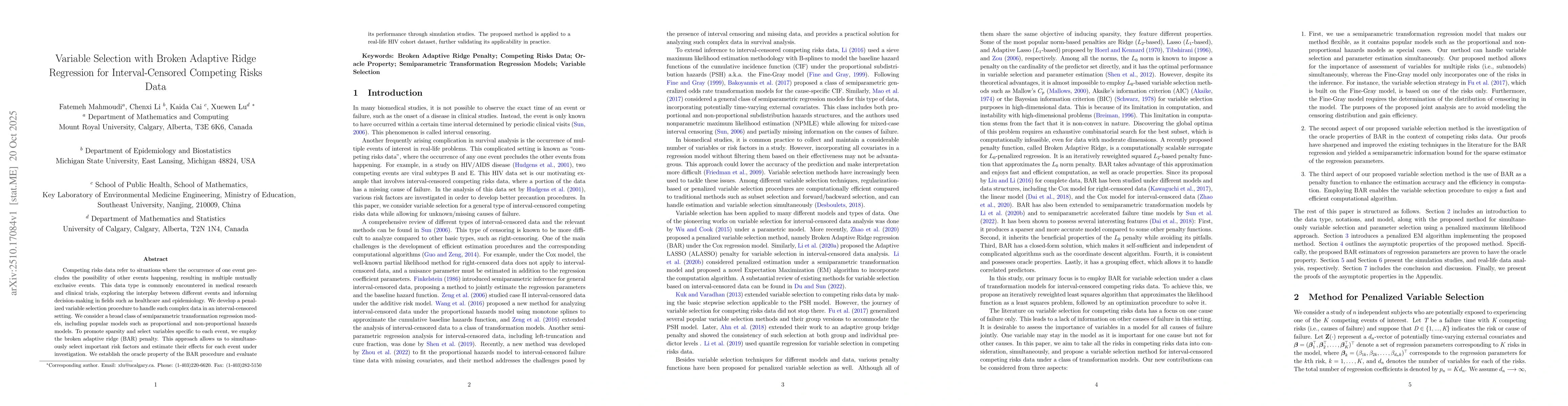 Thumbnail for Variable Selection with Broken Adaptive Ridge Regression for
  Interval-Censored Competing Risks Data