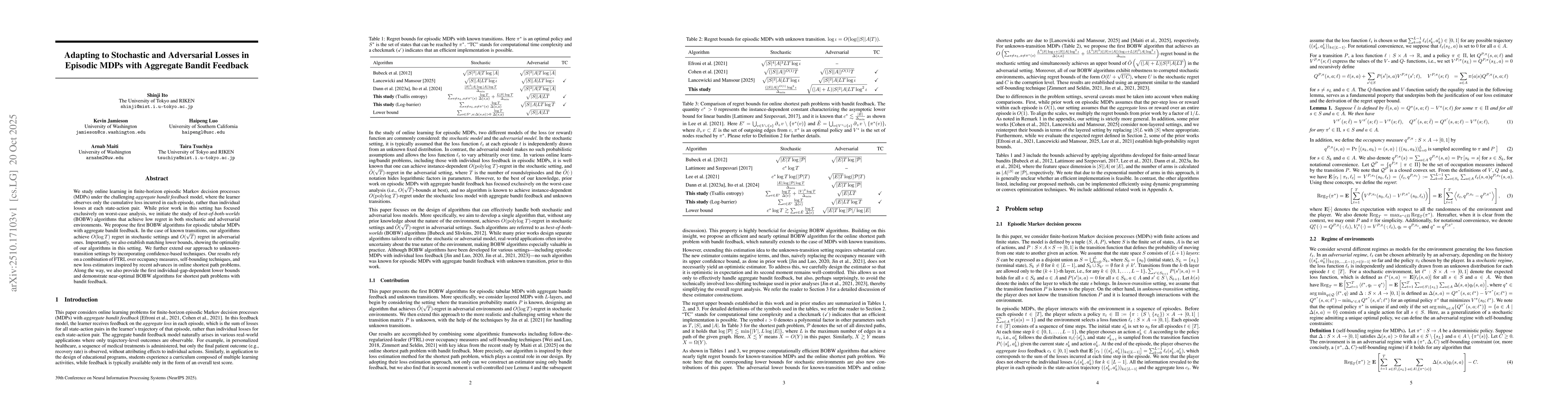 Thumbnail for Adapting to Stochastic and Adversarial Losses in Episodic MDPs with
  Aggregate Bandit Feedback
