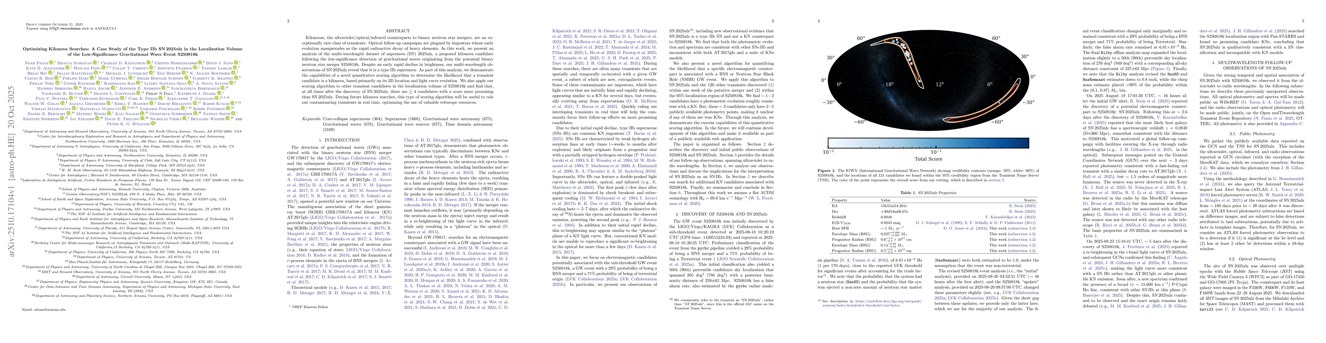 Thumbnail for Optimizing Kilonova Searches: A Case Study of the Type IIb SN 2025ulz in
  the Localization Volume of the Low-Significance Gravitational Wave Event
  S250818k