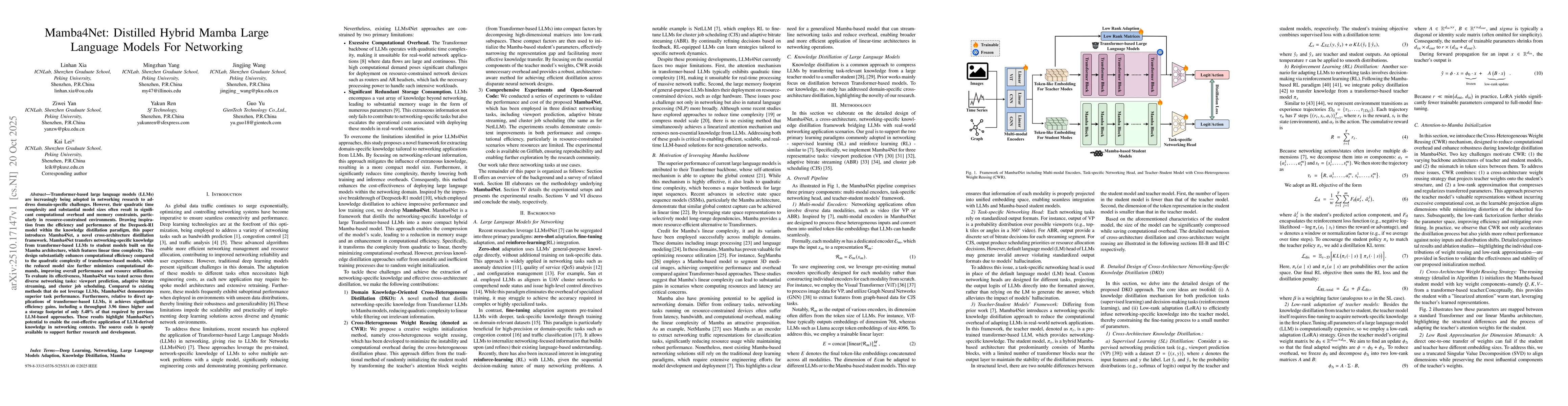 Thumbnail for Mamba4Net: Distilled Hybrid Mamba Large Language Models For Networking