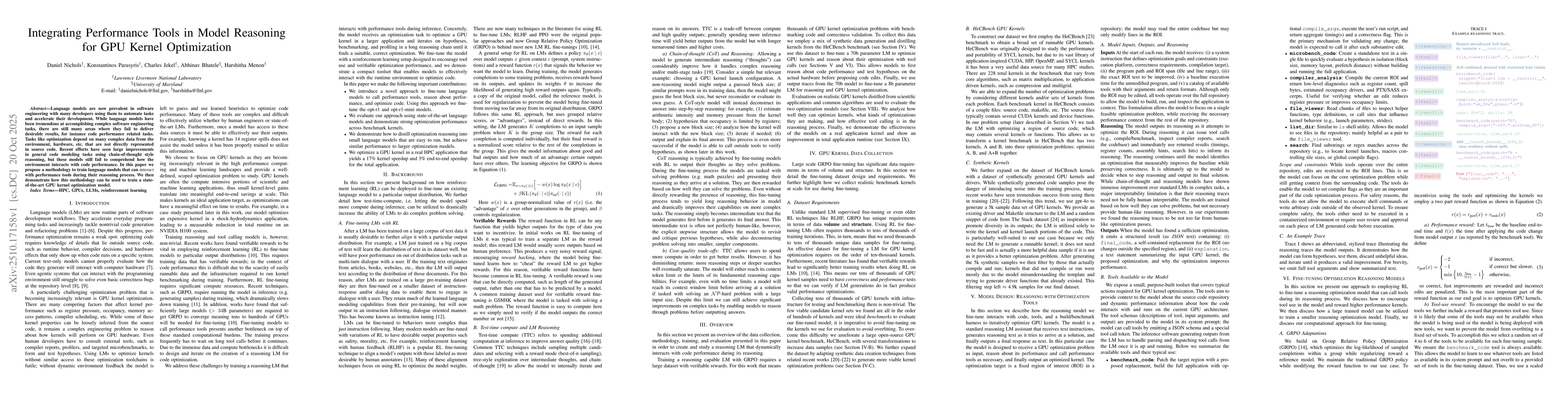 Thumbnail for Integrating Performance Tools in Model Reasoning for GPU Kernel
  Optimization