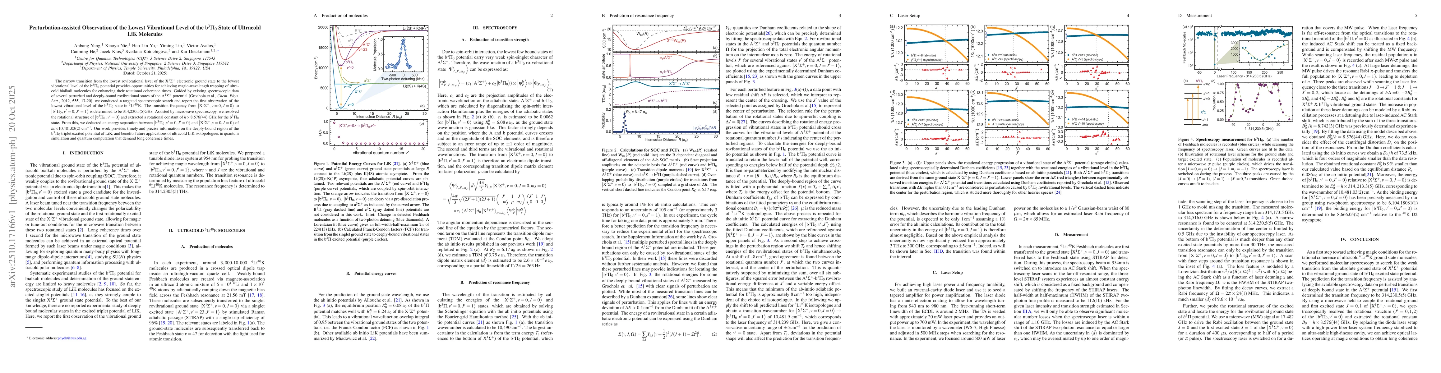 Thumbnail for Perturbation-assisted Observation of the Lowest Vibrational Level of the
  $\mathrm{b}^{3}Π_{0}$ State of Ultracold LiK Molecules