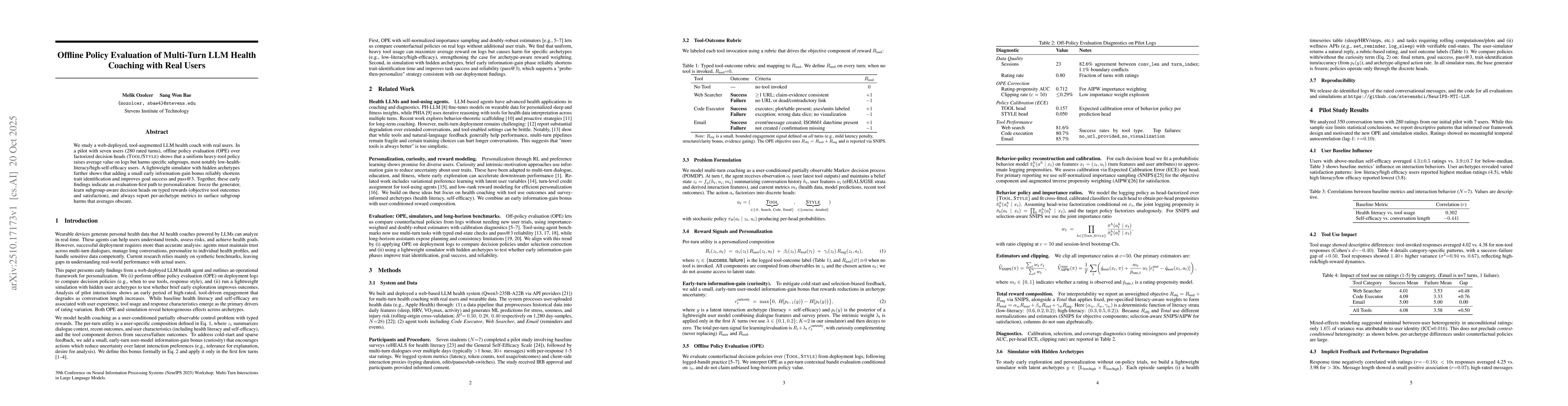 Thumbnail for Offline Policy Evaluation of Multi-Turn LLM Health Coaching with Real
  Users