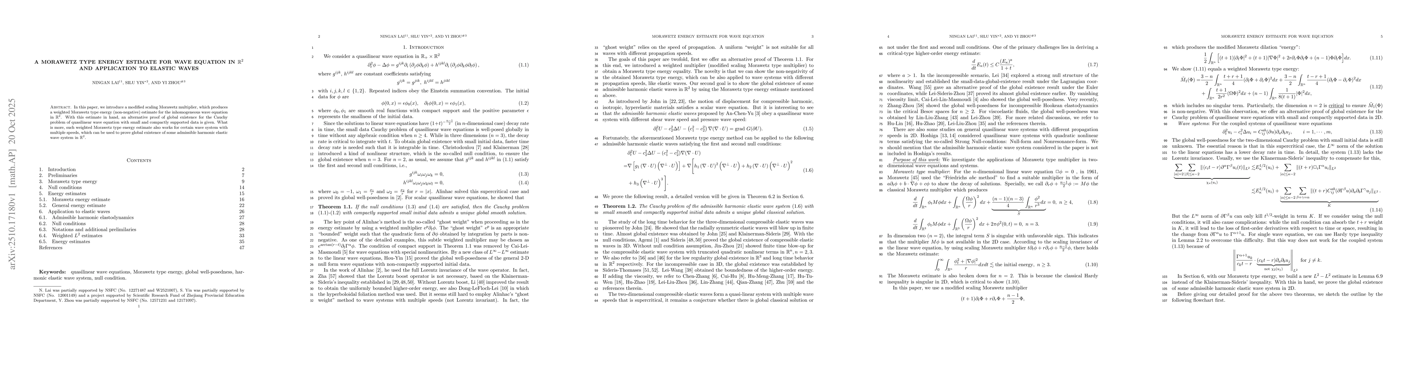 Thumbnail for A Morawetz type energy estimate for wave equation in $\R^2$ and
  application to elastic waves