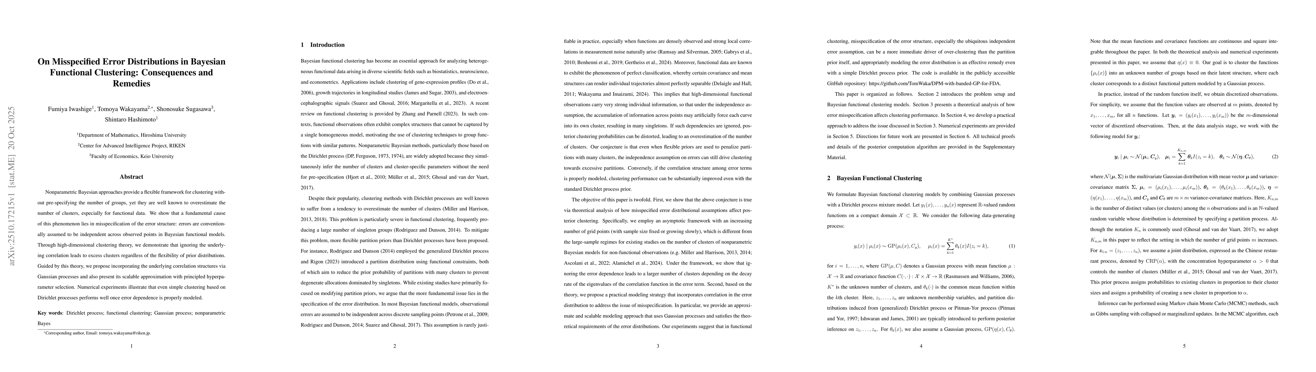 Thumbnail for On Misspecified Error Distributions in Bayesian Functional Clustering:
  Consequences and Remedies