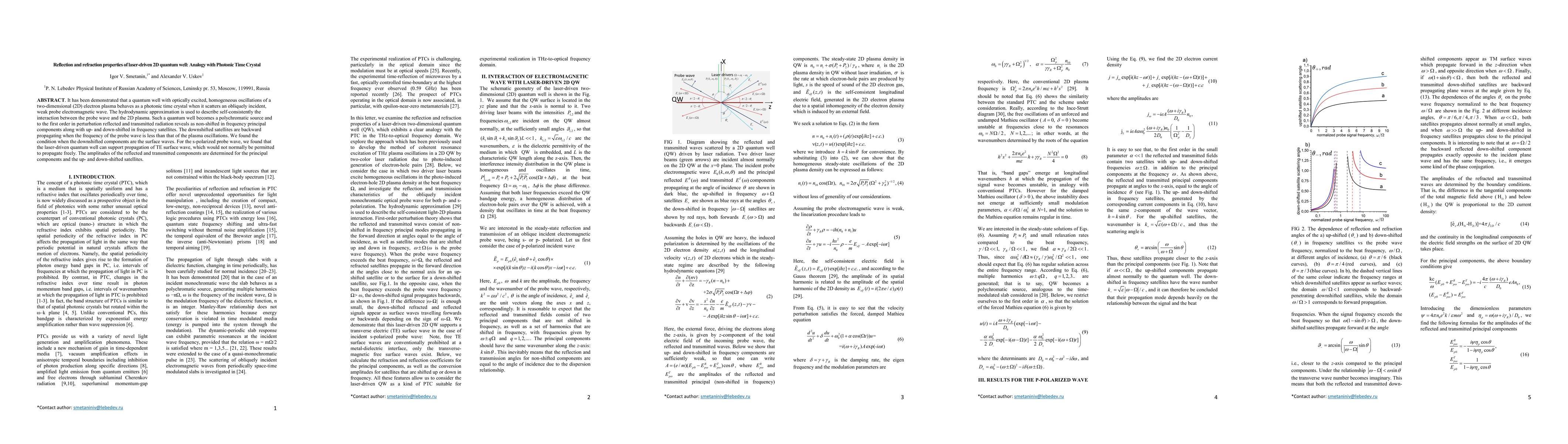 Thumbnail for Reflection and refraction properties of laser-driven 2D quantum well:
  Analogy with Photonic Time Crystal