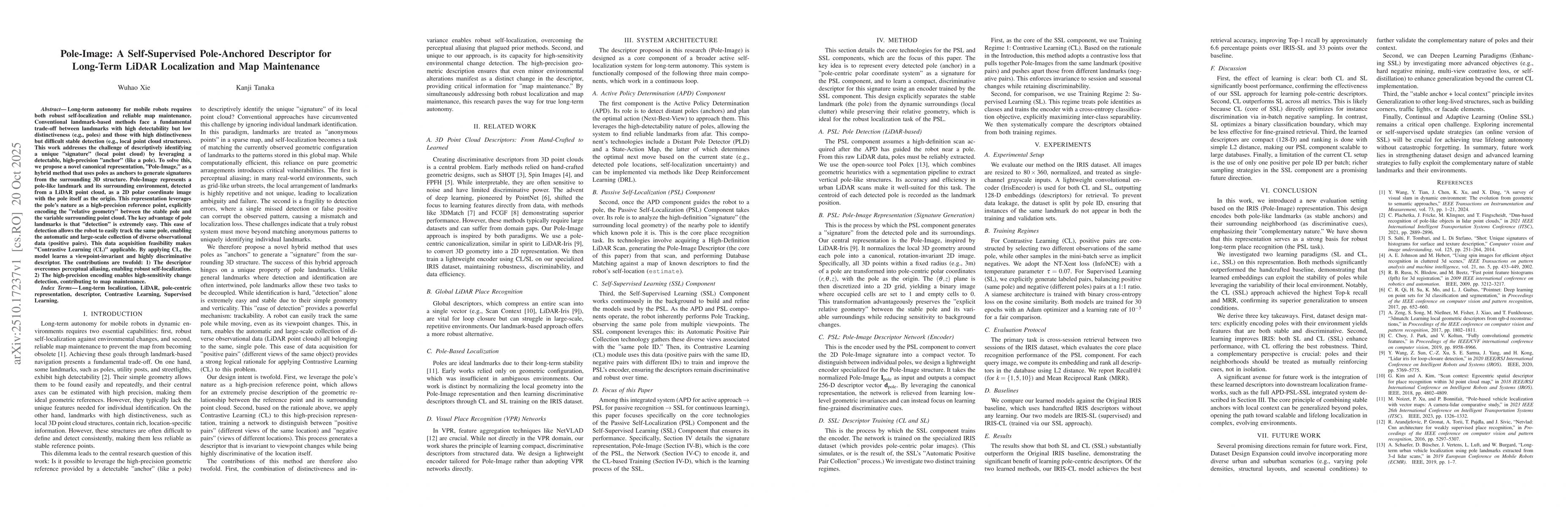 Thumbnail for Pole-Image: A Self-Supervised Pole-Anchored Descriptor for Long-Term
  LiDAR Localization and Map Maintenance