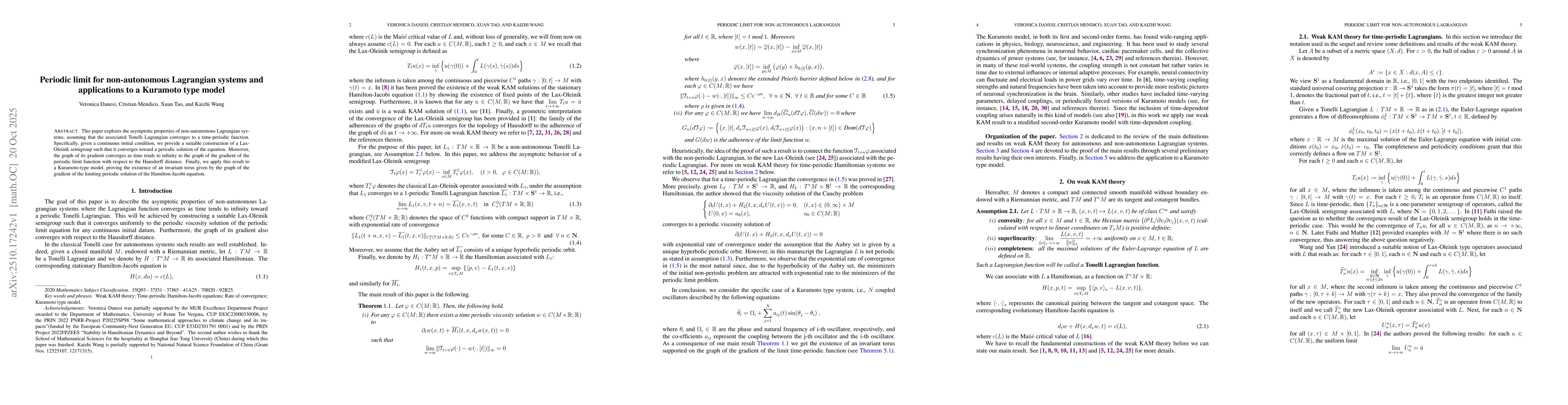 Thumbnail for Periodic limit for non-autonomous Lagrangian systems and applications to
  a Kuramoto type model