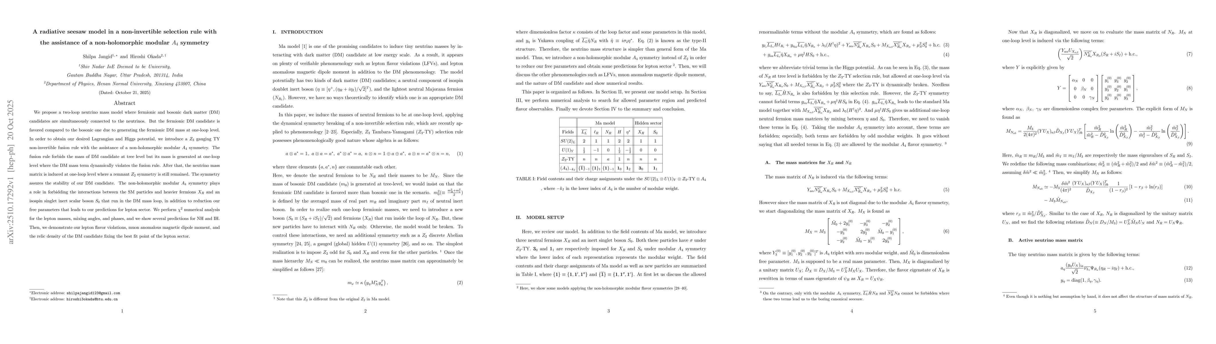 Thumbnail for A radiative seesaw model in a non-invertible selection rule with the
  assistance of a non-holomorphic modular $A_4$ symmetry