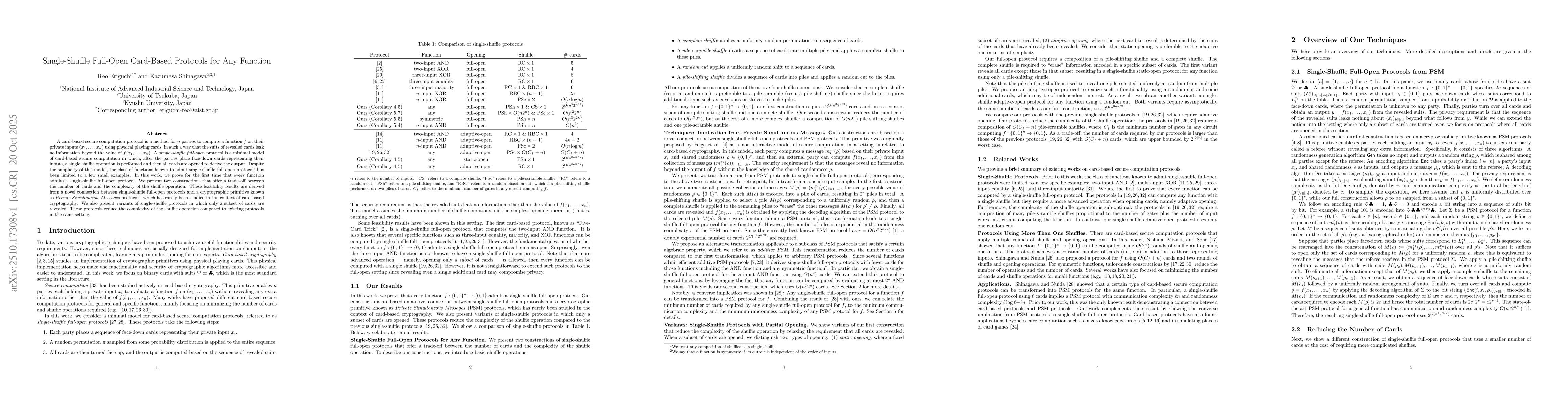 Thumbnail for Single-Shuffle Full-Open Card-Based Protocols for Any Function
