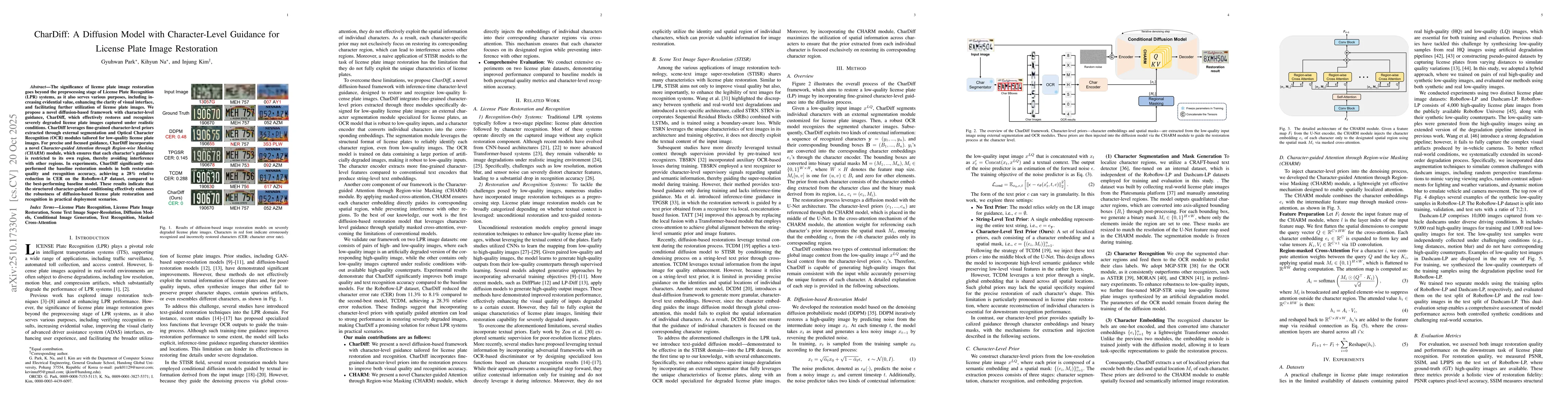 Thumbnail for CharDiff: A Diffusion Model with Character-Level Guidance for License
  Plate Image Restoration