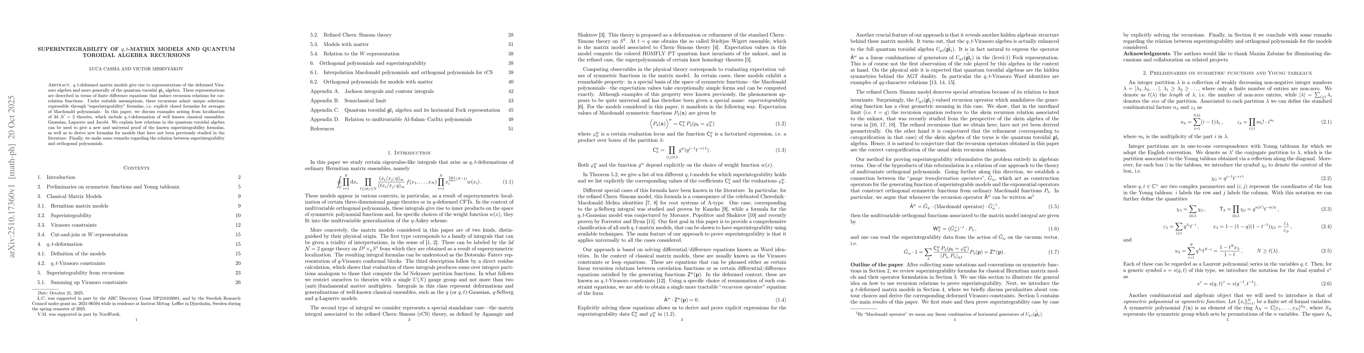 Thumbnail for Superintegrability of $q,t$-matrix models and quantum toroidal algebra
  recursions