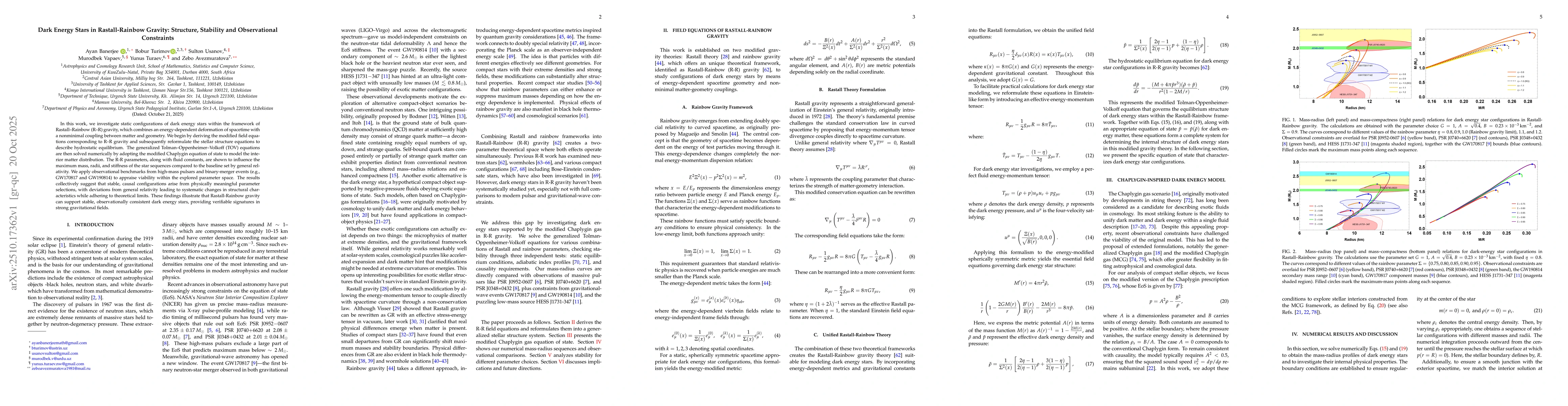 Thumbnail for Dark Energy Stars in Rastall-Rainbow Gravity: Structure, Stability and
  Observational Constraints