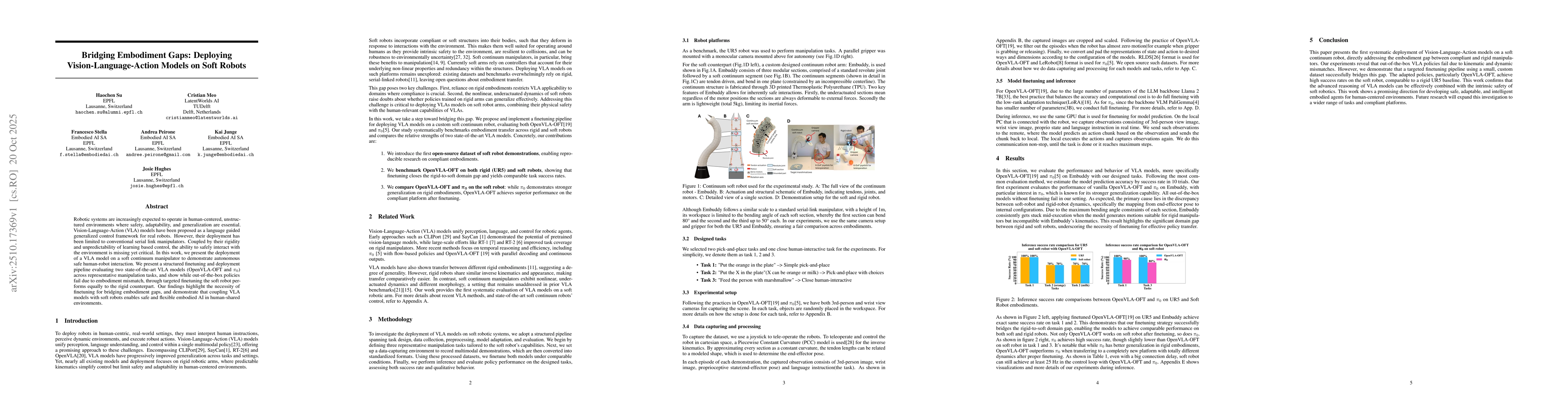 Thumbnail for Bridging Embodiment Gaps: Deploying Vision-Language-Action Models on
  Soft Robots