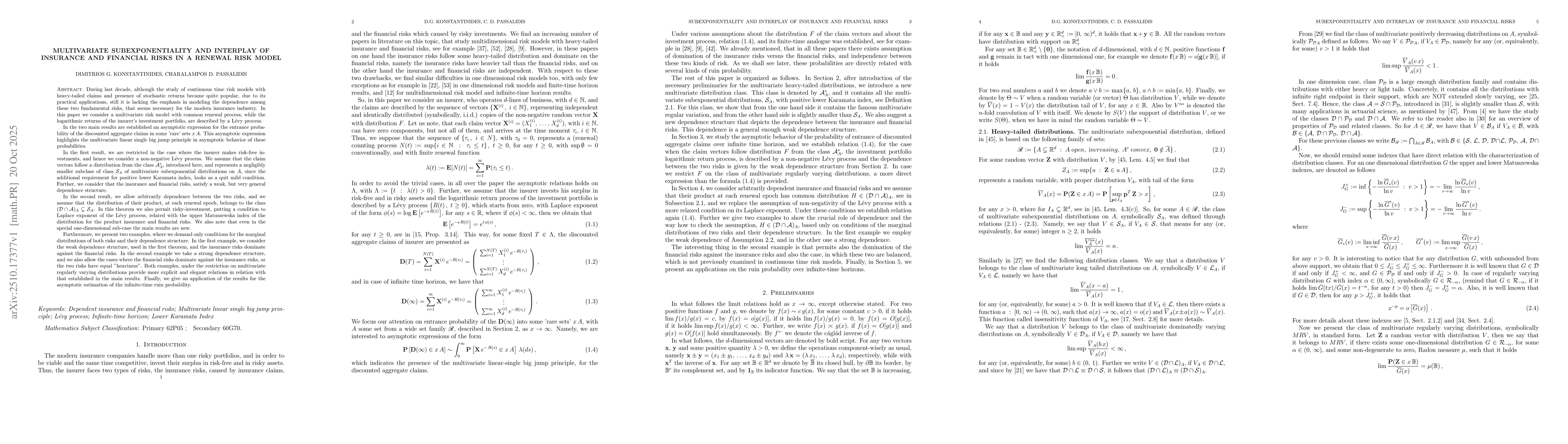 Thumbnail for Multivariate subexponentiality and interplay of insurance and financial
  risks in a renwal risk model