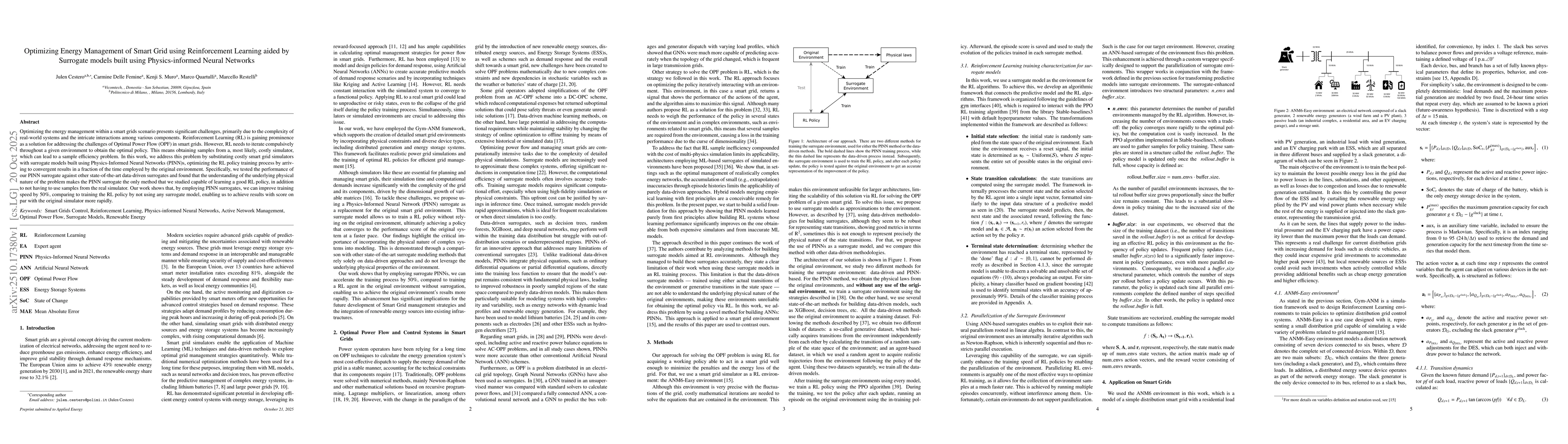 Thumbnail for Optimizing Energy Management of Smart Grid using Reinforcement Learning
  aided by Surrogate models built using Physics-informed Neural Networks