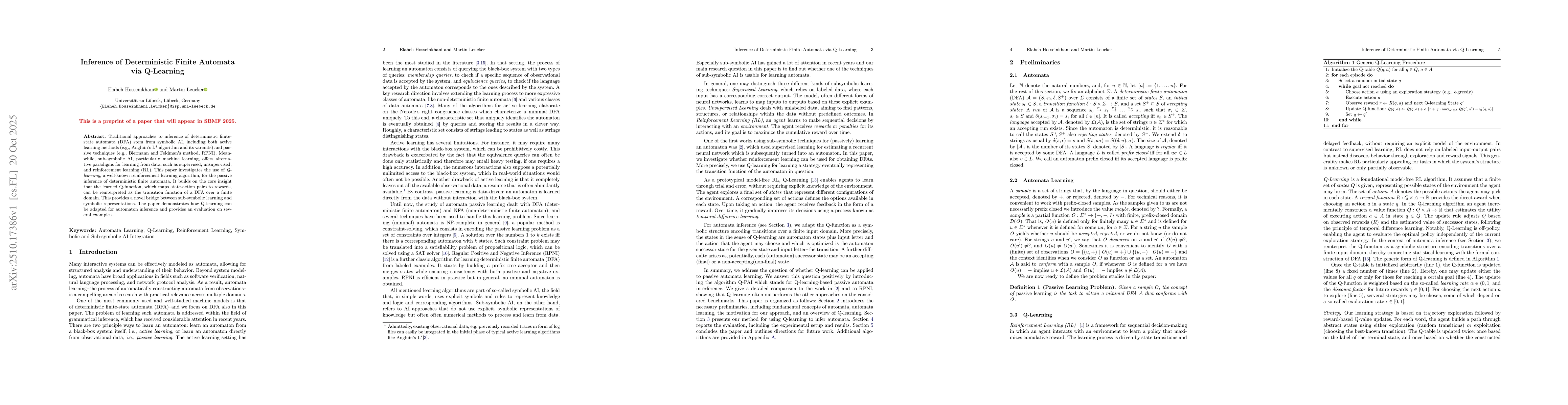 Thumbnail for Inference of Deterministic Finite Automata via Q-Learning