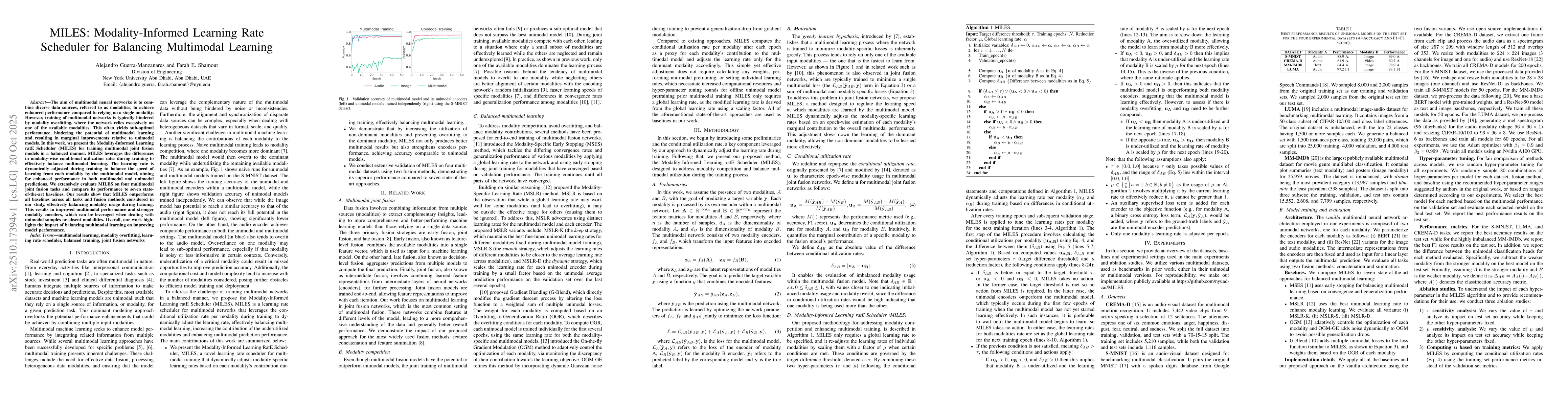 Thumbnail for MILES: Modality-Informed Learning Rate Scheduler for Balancing
  Multimodal Learning