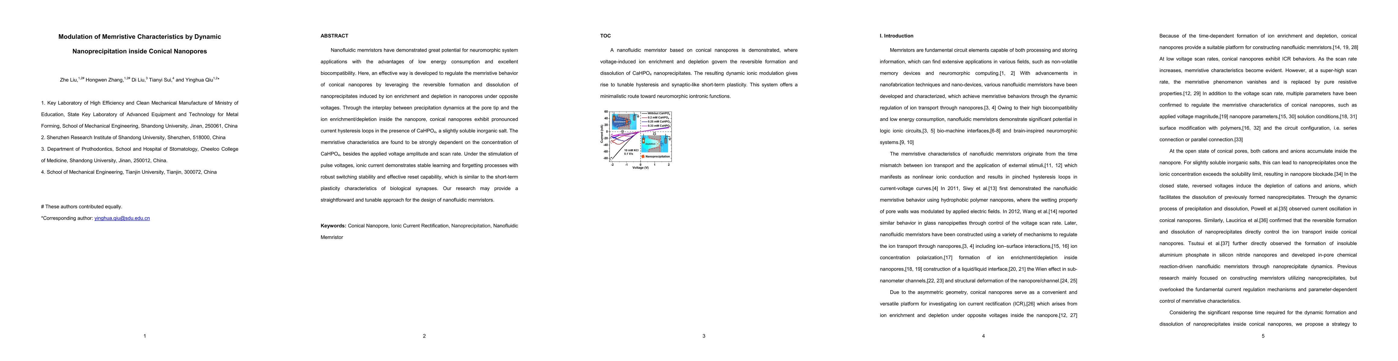 Thumbnail for Modulation of Memristive Characteristics by Dynamic Nanoprecipitation
  inside Conical Nanopores